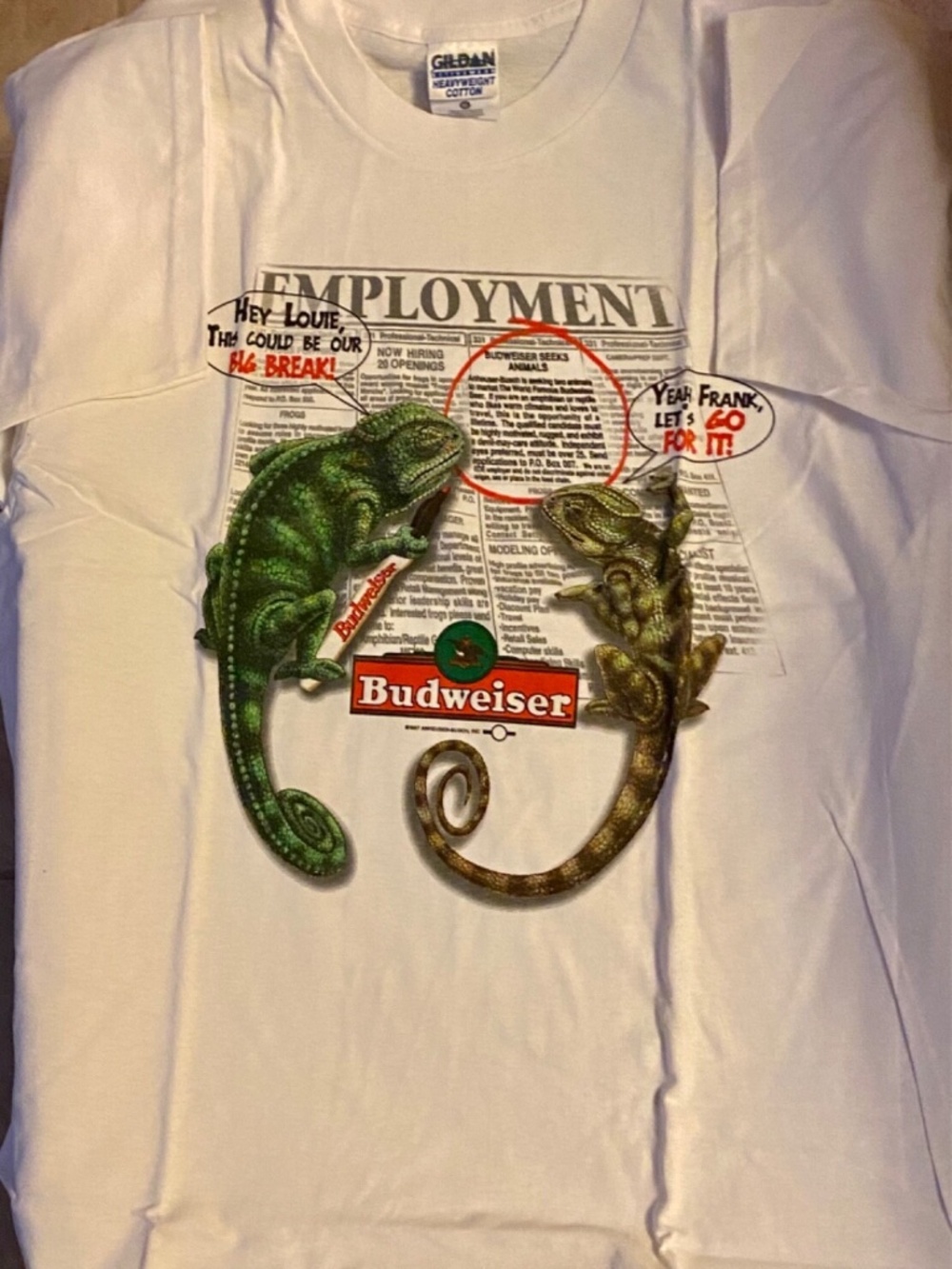 Budweiser Louie Reading Employment Ads 1997 Promo White SS T-Shirt Men’s XL NEW
